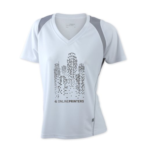 Wit polyester hardloopshirt voor dames met V-hals en korte mouwen.