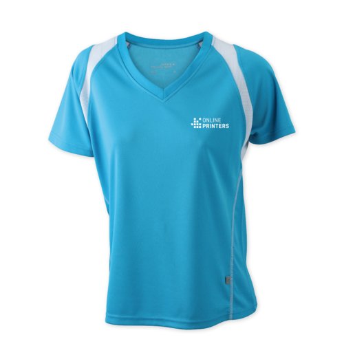 Lichtblauw polyester dames sportshirt met V-hals.