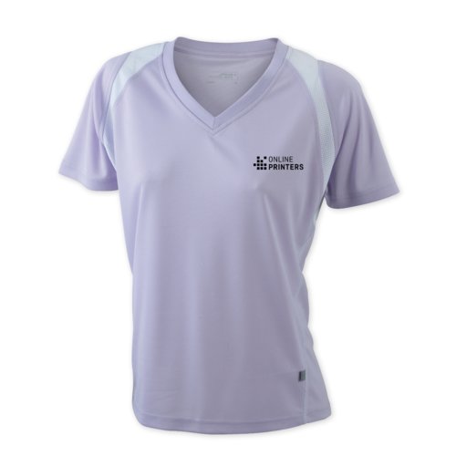 Paars damesshirt van polyester met V-hals en korte mouwen.
