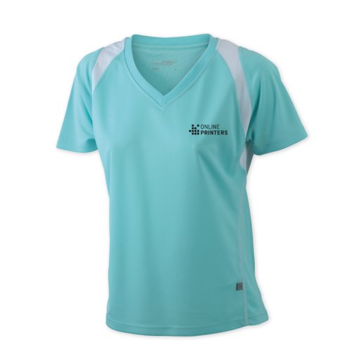 Mintgroen polyester dames hardloopshirt met V-hals.