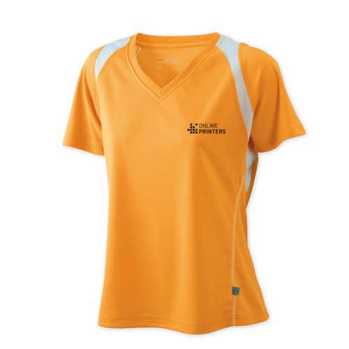 Oranje polyester hardloopshirt voor dames met V-hals.