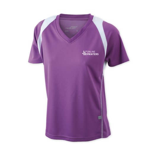 Paars dames hardloopshirt van polyester met korte mouwen.