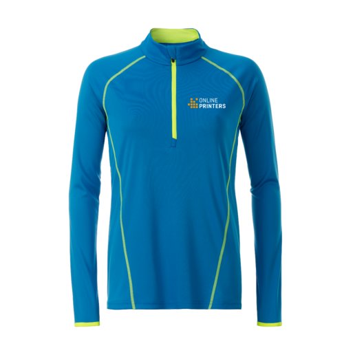Blauw en neongeel polyester shirt met lange mouwen en korte ritssluiting.