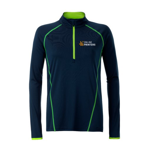 Marineblauwe polyester longsleeve met ritssluiting.