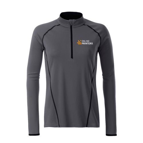 Donkergrijs polyester shirt met lange mouwen en korte ritssluiting.