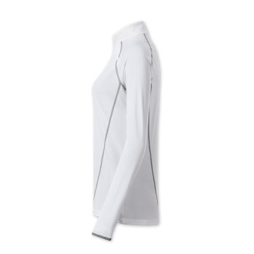 Wit polyester shirt met lange mouwen en opstaande kraag.
