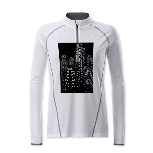 Wit polyester shirt met lange mouwen en ritssluiting.