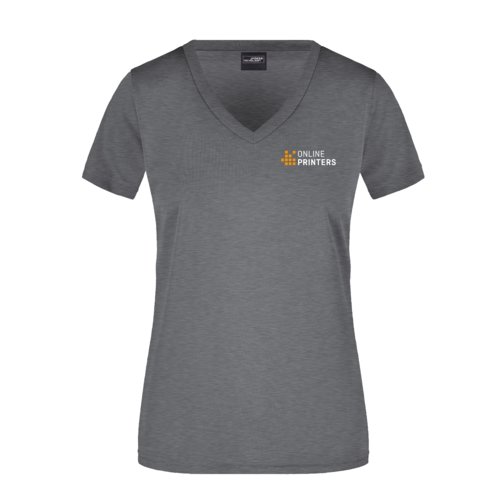 Donkergrijs gemleerd polyester T-shirt met V-hals voor dames.