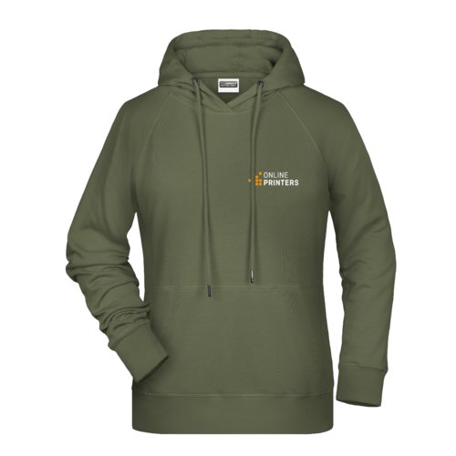 Groene stoffen dameshoodie met capuchon en trekkoord.