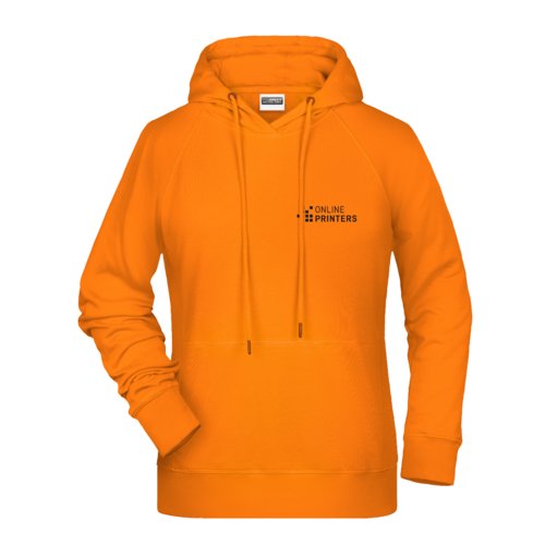 Oranje dameshoodie van katoen-polyester met capuchon en kangoeroezak.