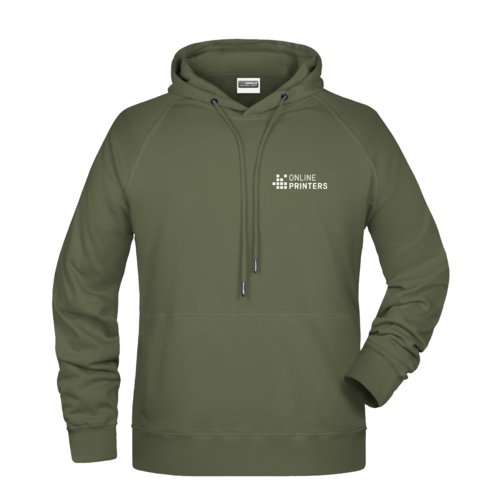Groene stoffen hoodie met capuchon en trekkoord voor heren.
