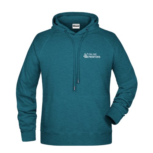 Petrol gemleerde katoen-polyester hoodie met capuchon en trekkoord.