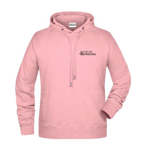 Roze gemleerde katoen-polyester hoodie voor heren met capuchon en trekkoord.