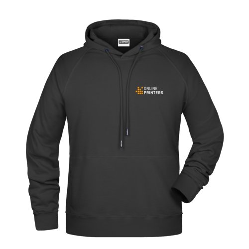 Zwarte katoen-polyester hoodie met capuchon en trekkoord.
