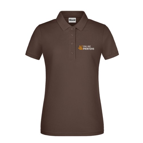 Bruin katoenen poloshirt voor dames met korte knoopsluiting.