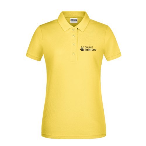 Geel katoenen poloshirt voor dames met korte knoopsluiting.