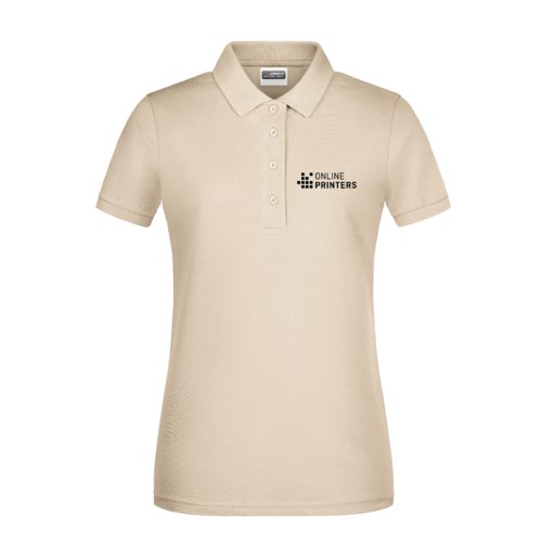 Beige katoenen poloshirt voor dames met korte knoopsluiting.