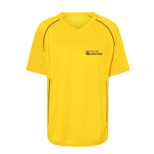 Geel polyester T-shirt met V-hals en korte mouwen.