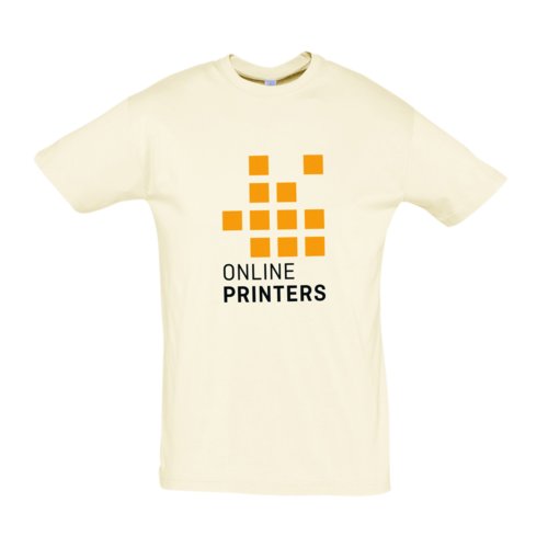 Beige katoenen T-shirt met korte mouwen en ronde hals.