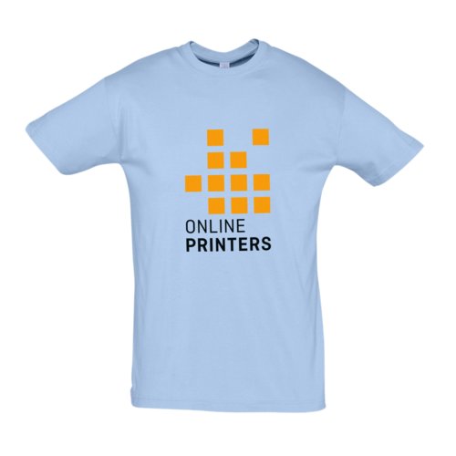 Hemelsblauw unisex katoenen T-shirt met korte mouwen.