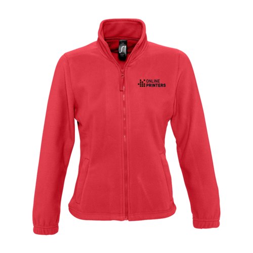 Rood polyester fleece jack voor dames met volledige ritssluiting.