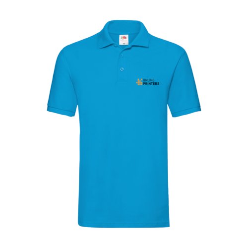 Azuurblauwe katoenen polo voor heren met korte knoopsluiting.