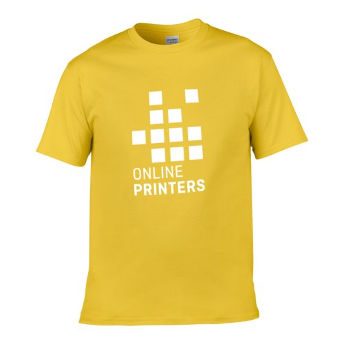Geel katoenen heren T-shirt met korte mouwen.