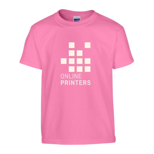 Roze katoenen T-shirt met korte mouwen en ronde hals.