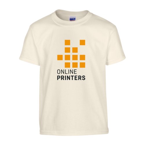 Beige katoenen T-shirt, unisex, met korte mouwen en ronde hals.
