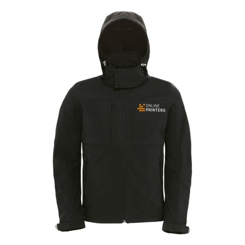 Softshell jas met capuchon, ritssluiting en meerdere zakken.