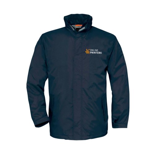Marineblauwe polyester jas voor heren met volledige ritssluiting.