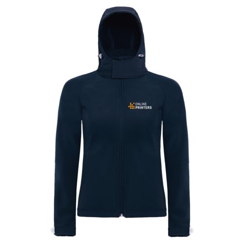 Marineblauwe softshell jas van polyester en elastaan met capuchon en ritssluiting.