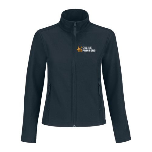 Marineblauwe softshell jas van polyester-elastaanmix met ritssluiting en zakken.