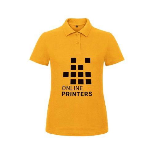 Goudgele katoenen damespoloshirt met korte knoopsluiting.