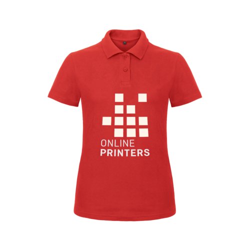 Rode katoenen polo voor dames met korte knoopsluiting.