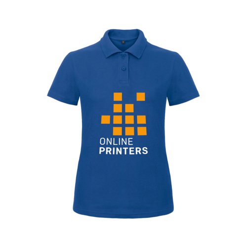 Koningsblauwe katoenen polo voor dames met korte knoopsluiting.