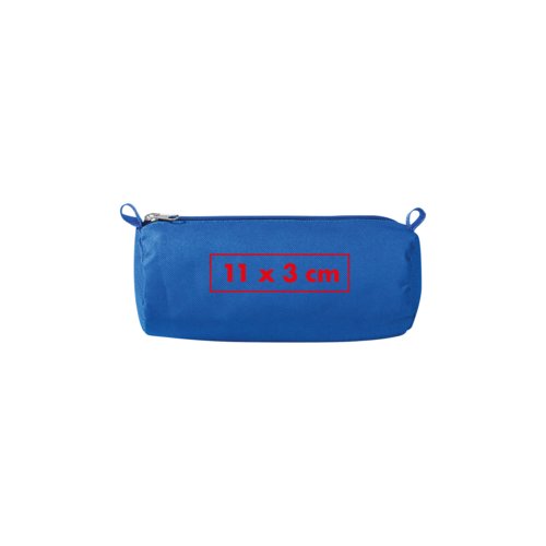 Blauwe stoffen etui met ritssluiting.