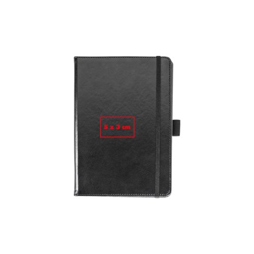 Zwart notitieboek met elastische band.