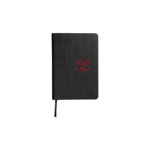 Zwart notitieboek met elastische sluiting en pennenlus.