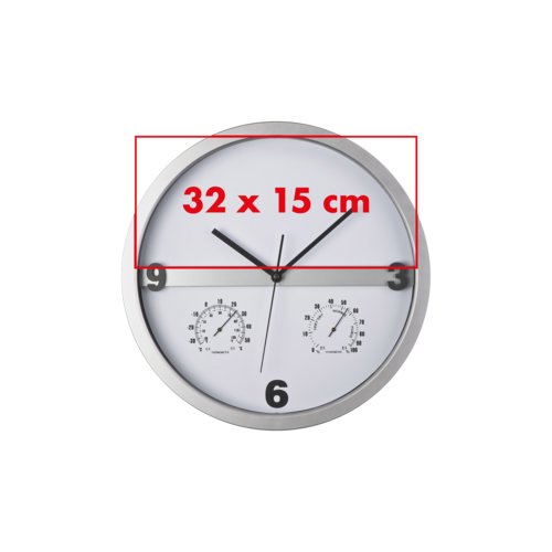 Zilveren wandklok met geïntegreerde thermometer en hygrometer.