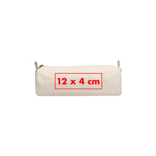 Beige stoffen etui met ritssluiting.