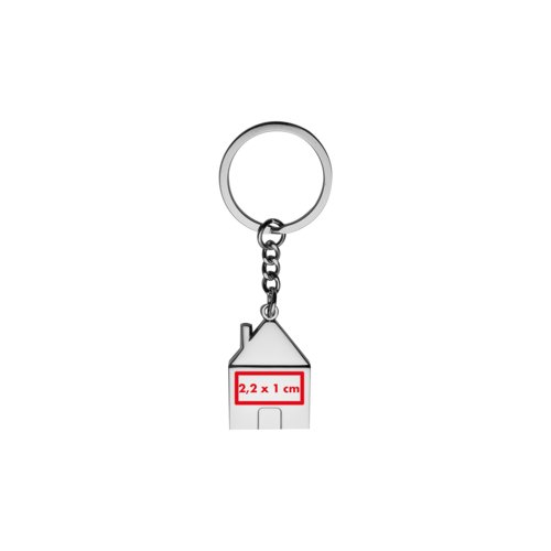 Metalen sleutelhanger in de vorm van een huis met metalen ring.