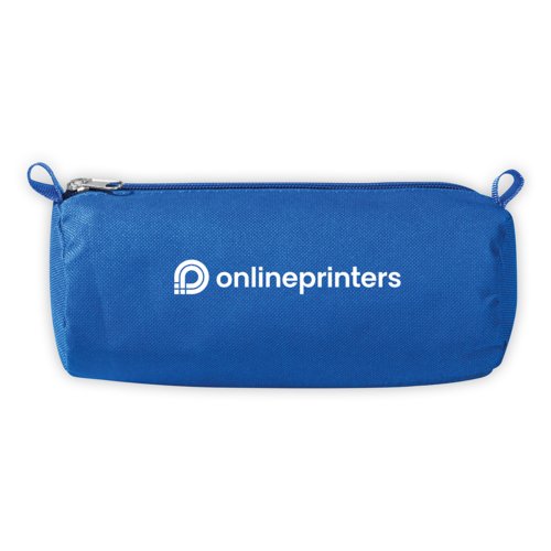 Blauwe stoffen etui met ritssluiting.