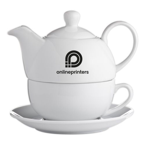 Witte keramische theeset bestaande uit theepot, kop en schotel.