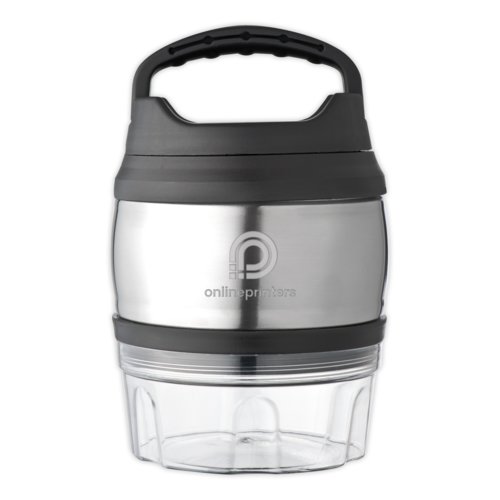 Zilverkleurige roestvrijstalen lunchbox met handvat.