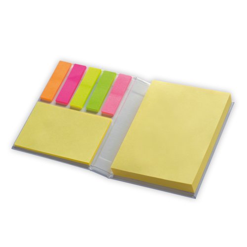 Witte sticky notitieblok met plakstrips.