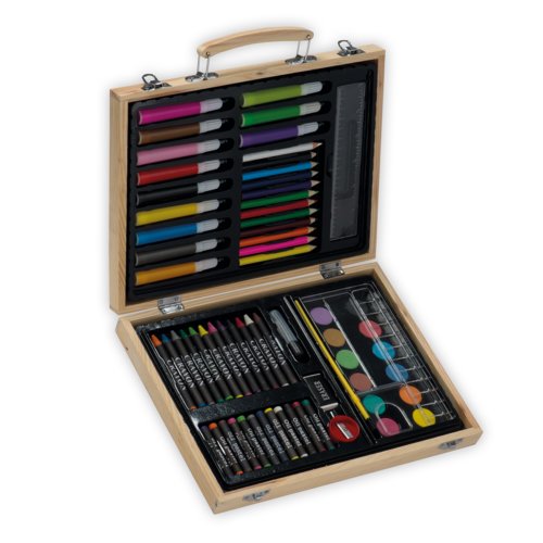 Bruine houten schilderset met diverse kunstbenodigdheden.
