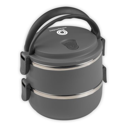 Grijze roestvrijstalen lunchbox met handvat en twee compartimenten.