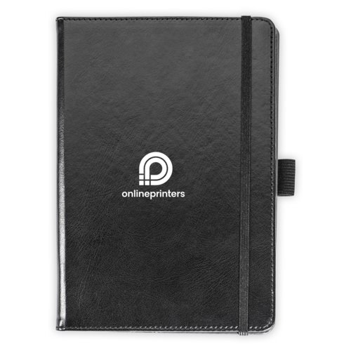 Zwart notitieboek met elastische bandsluiting en penhouder.