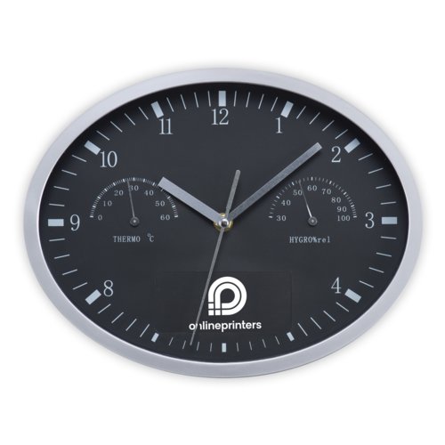 Zwarte wandklok met thermometer en hygrometer.